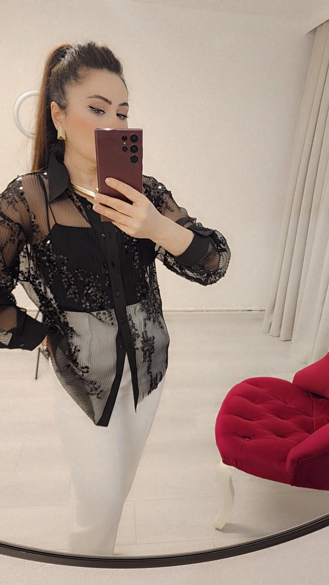 siyah tül pul payet detaylı gömlek