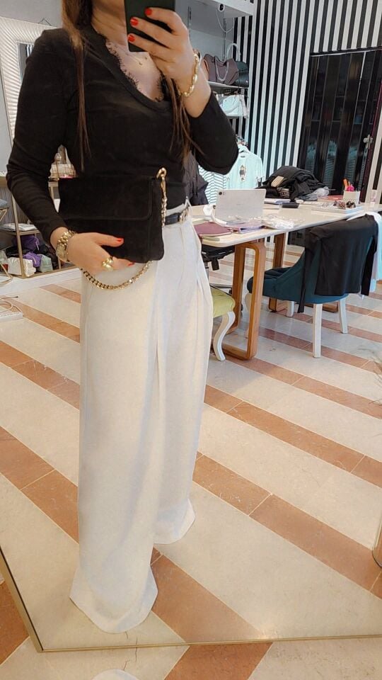 pileli palazzo yüksek bel beyaz pantolon